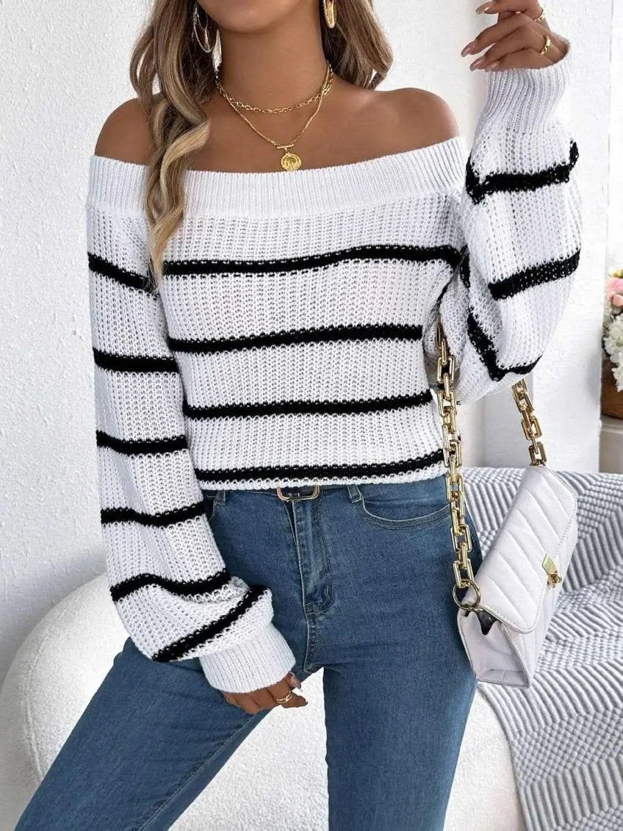 Striped Off-Shoulder Long Sleeve Sweater - Love Salve